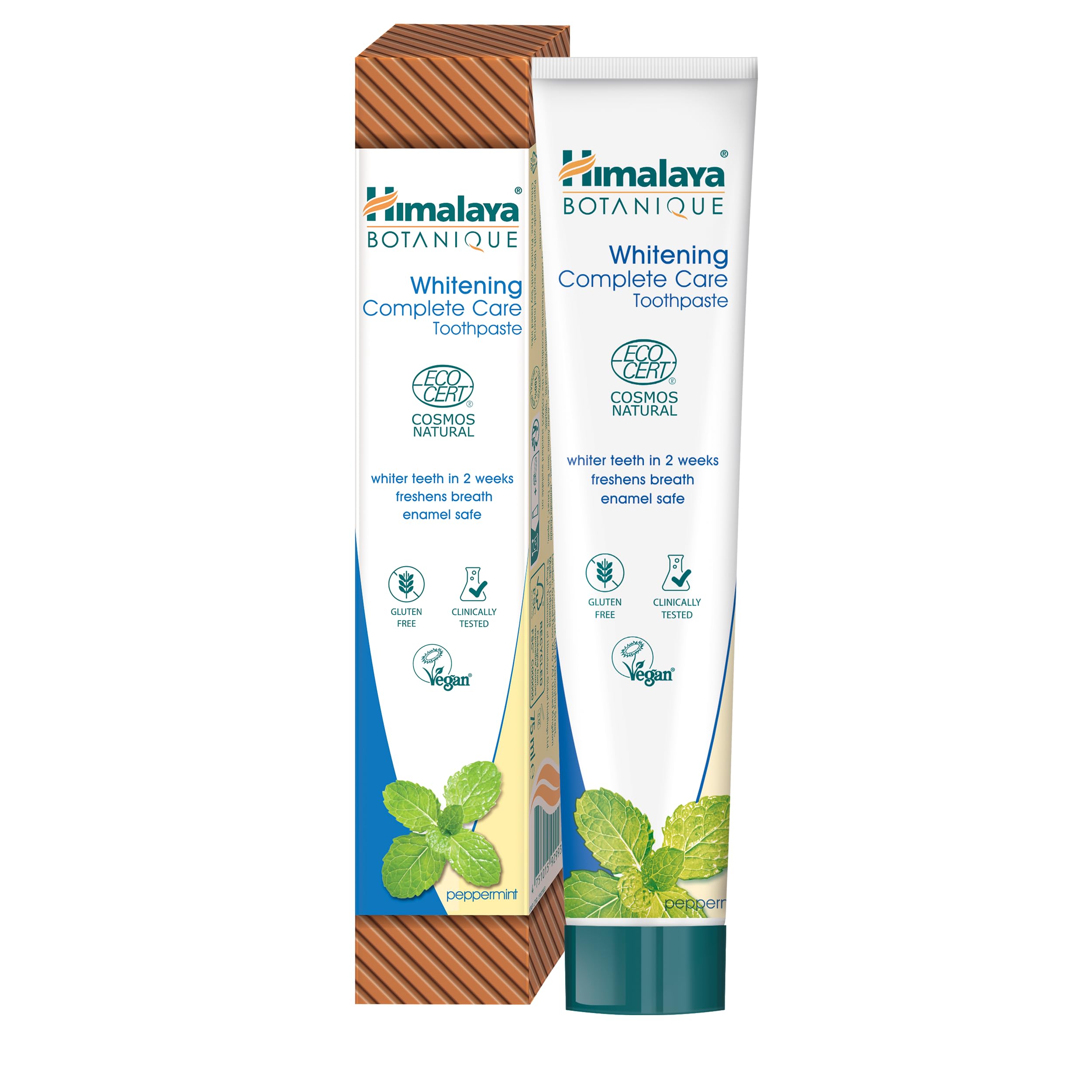 Ecocert Cosmos Natural Certified Himalaya Botanique Whitening Complete Care Toothpaste with Organic Actives, Peppermint Flavor | Whiter Teeth and Fresh Breath | Fluoride Free & Gluten Free, 75 ml