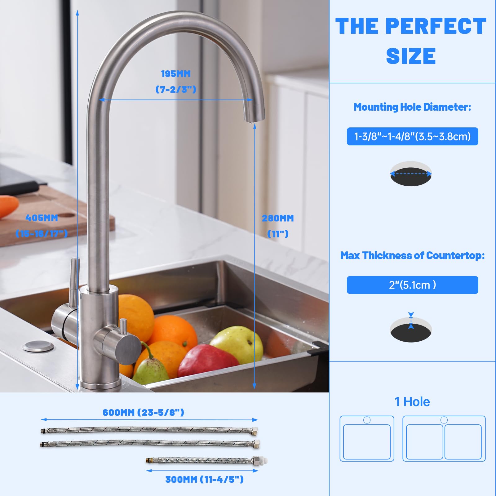 DAYONE Rubinetto da cucina a 3 vie, girevole a 360°, in acciaio inox, miscelatore da cucina per filtro dell'acqua, rubinetto potabile con 2 leve, rubinetto ad alta pressione 3 in 1, nichel spazzolato