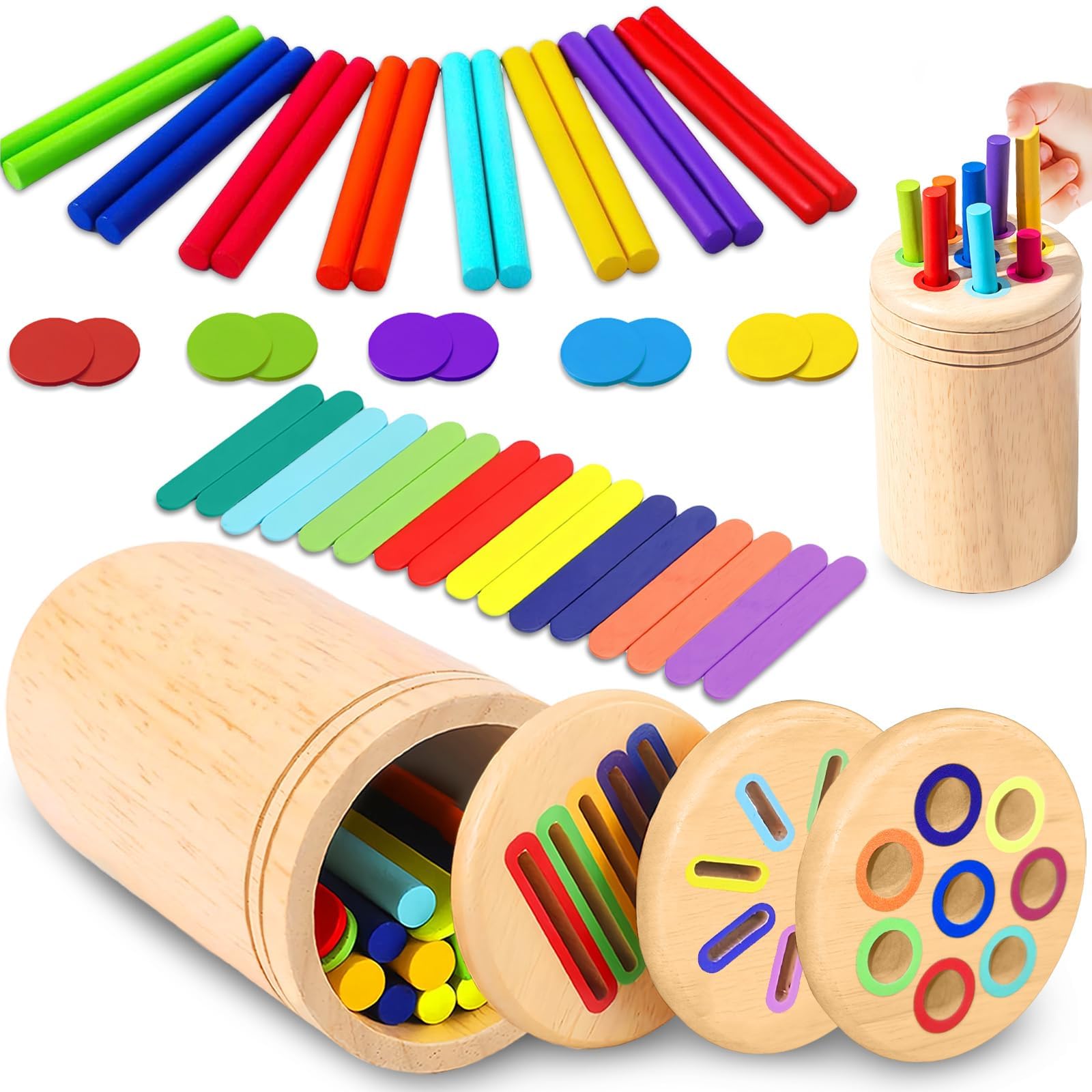 AMFUN Montessori Wooden Toys for 1 2 3 Years Boys Girls,Wooden Color Sorting & Development Toy, Three-layer Rod-c, 11 x 7 cm