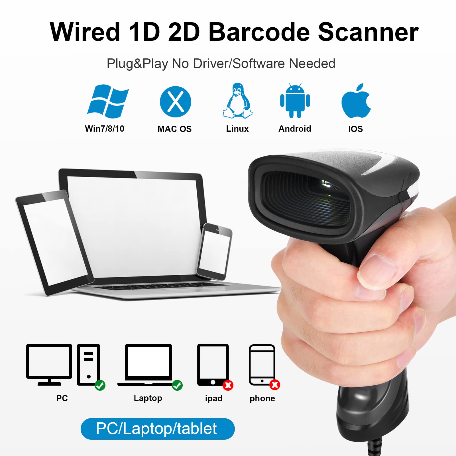 1D 2D Kabelgebundener Barcode Scanner, QR-Barcode-Scanner, Handheld-Barcode-Lesegerät QR Data Matrix PDF417
