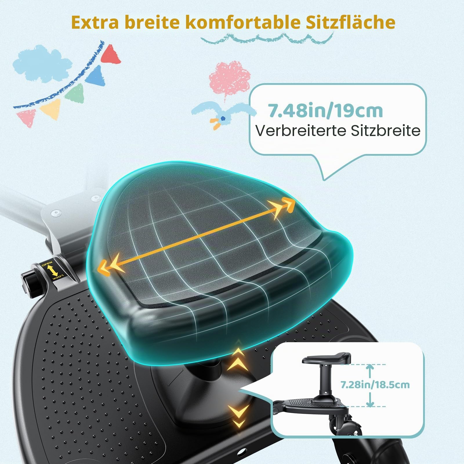 Buggy Board mit Verbreitertem Sitz, Universales Trittbrett für Kinderwagen für Kinder von 2-6 Jahren, 25kg Belastbarkeit, Steh- und Sitzbrett Kompatibel mit Über 99% Kinderwagen