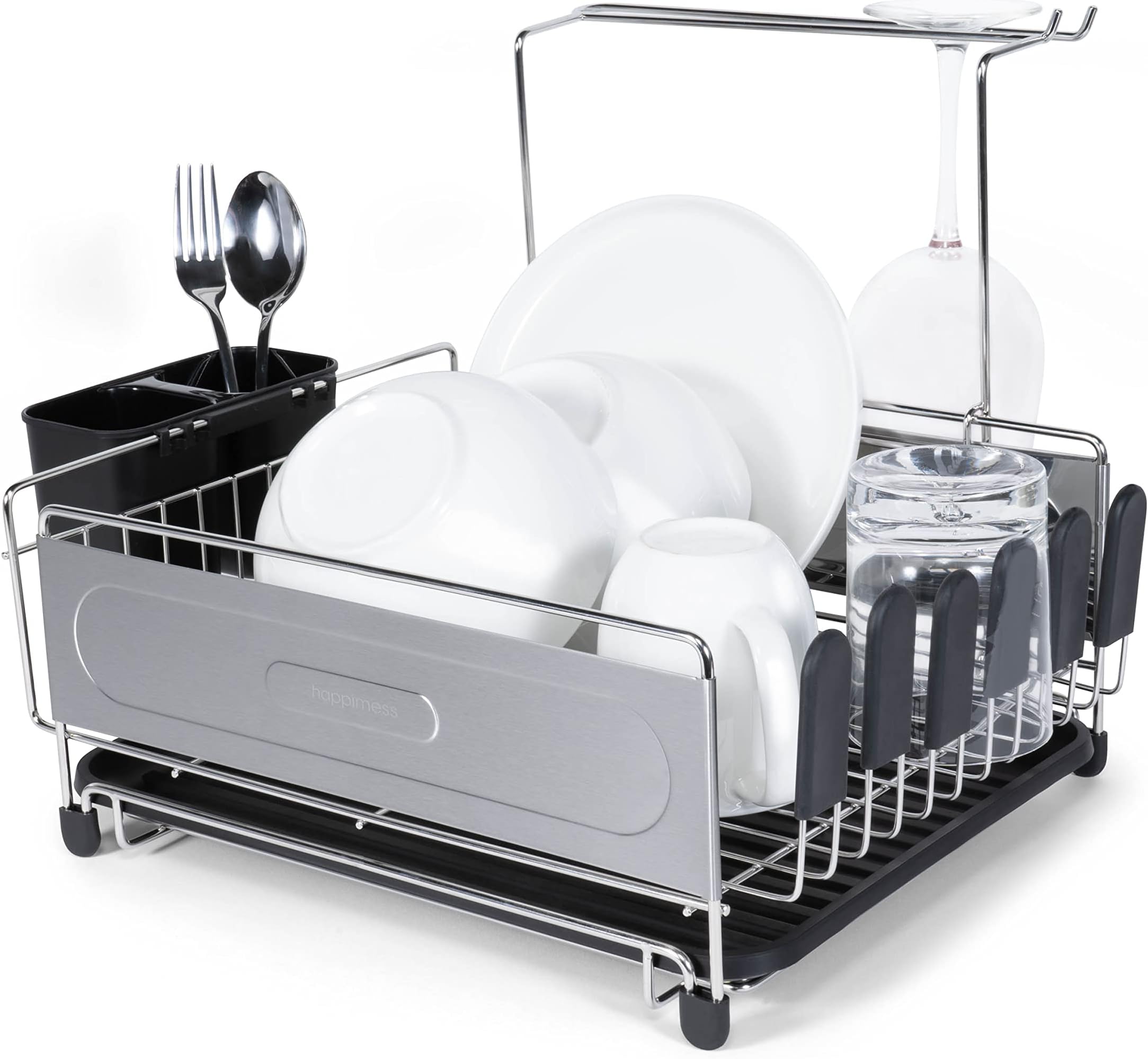 Cuisinart Stainless Steel Dish Drying Rack, Includes Wire Dish Drying Rack, Utensil Caddy, Draining Board, Stemware Holder, And Non-Slip Cup Holders, 14.4" X 12" X 6"- Stainless Steel/Black