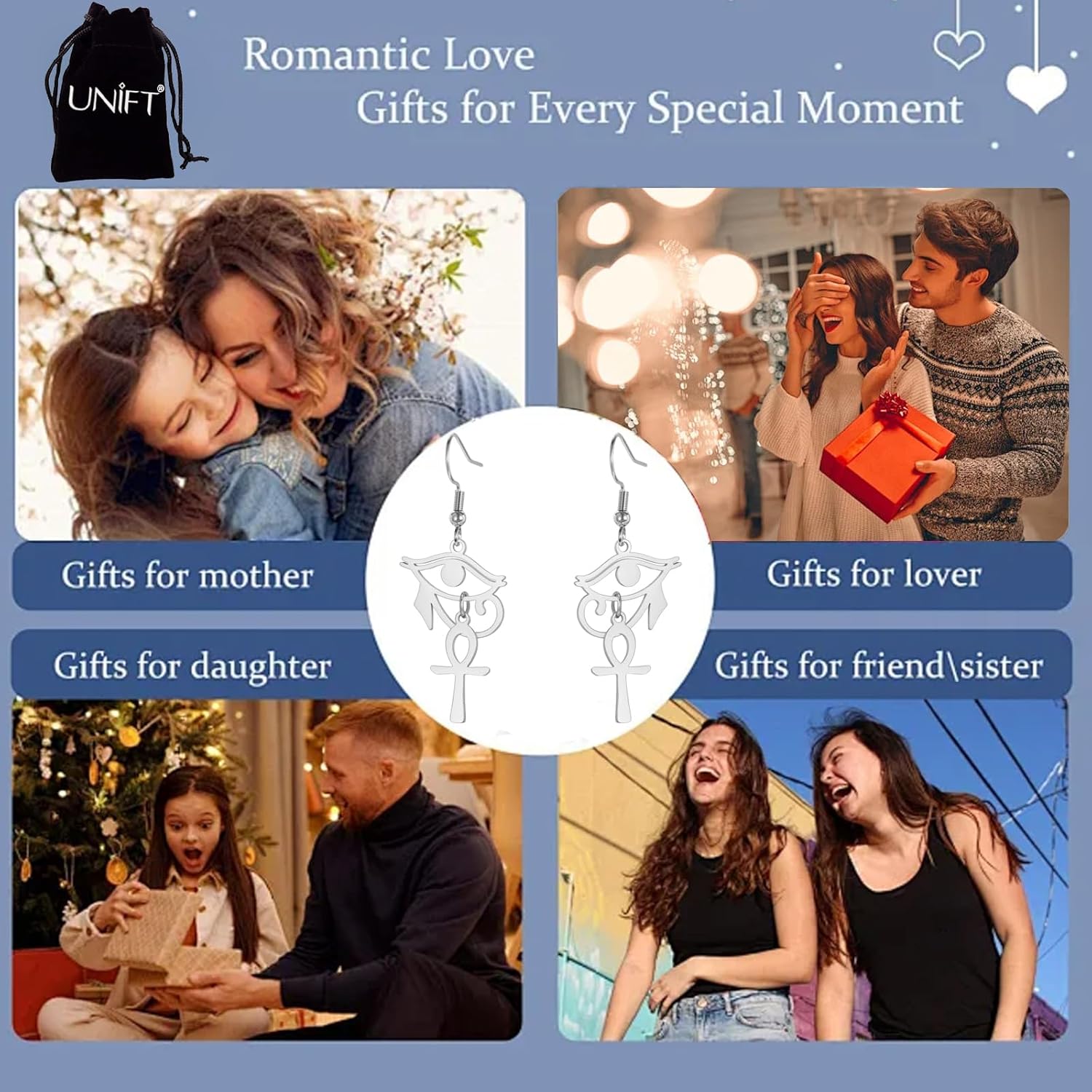 Eye of Horus Ankh Earrings for Women Stainless Steel Ancient Egyptian Eye of Horus with Ankh Cross | Double Wing Dangle Earring Protection Jewelry - Image 7