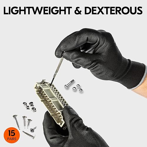 Miniatura 2 de VGO - 15 pares de guantes de trabajo de seguridad, guantes de jardinería, revestimiento de poliuretano, guantes de inmersión, sin látex (talla L,