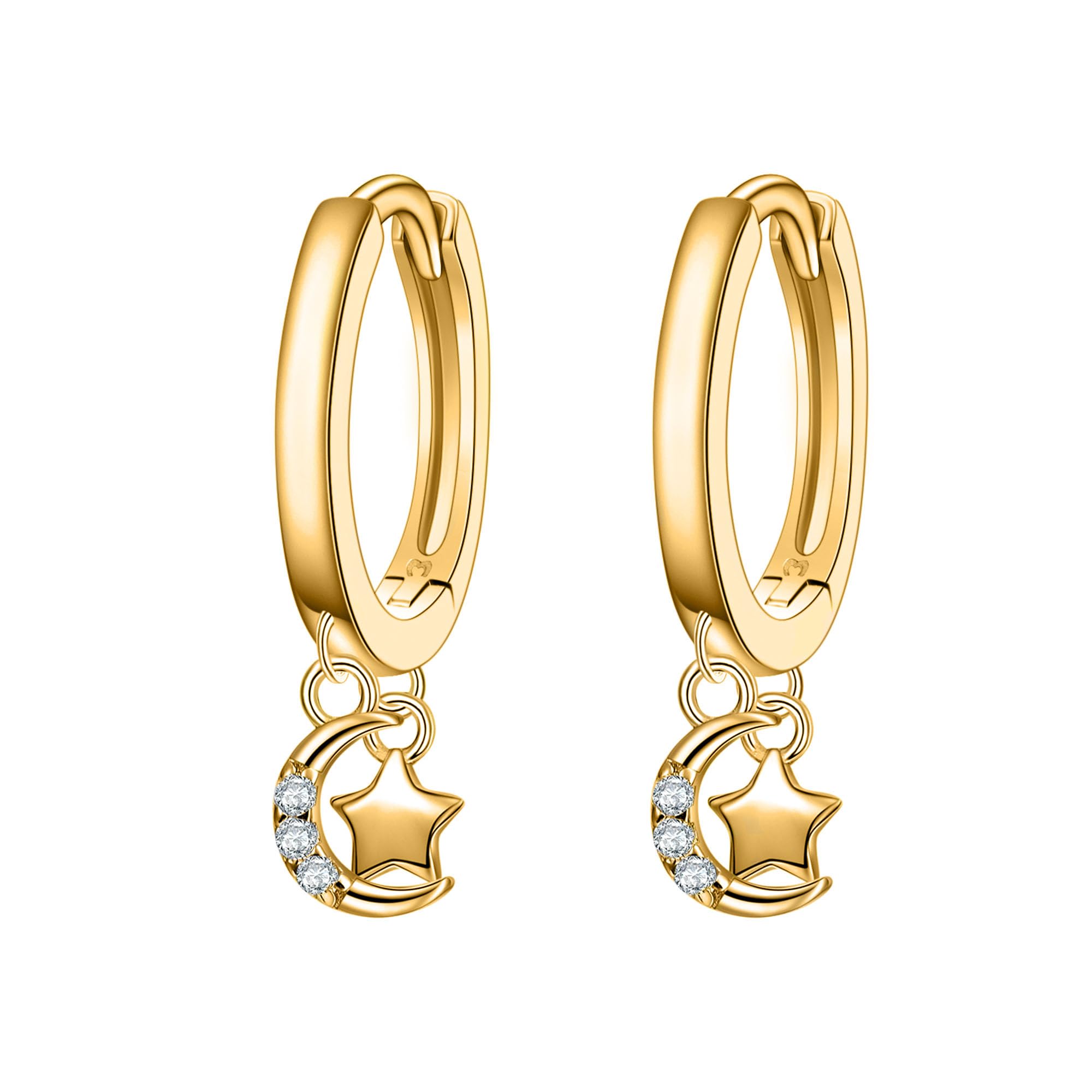 MARLION JEWELS Pendientes de Plata de Primera Ley (S925) Aros Con una Luna Adornada con Circonitas Brillantes y una Estrella Colgante. Pendientes Acabados en Plata o Baño Oro 18K. Joyería para mujer.
