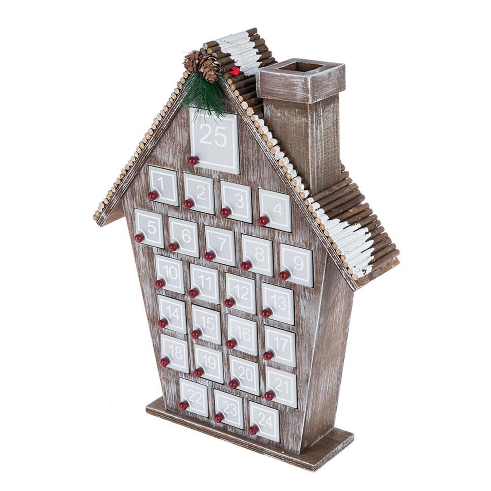 Calendario de Adviento de madera de cuenta regresiva de Navidad, calendario de Adviento único de casas de madera con piñas