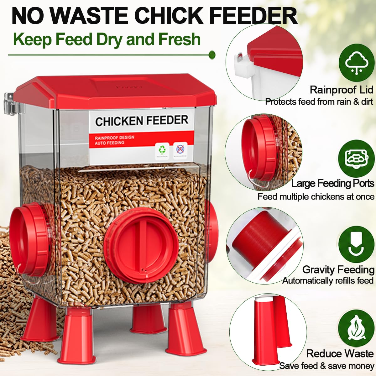 Ensemble mangeoire et abreuvoir pour poulets, système d'alimentation automatique sans déchets, mangeoire de 12 kg et abreuvoir de 11 L, kit de poulailler 4 en 1 avec support de légumes pour