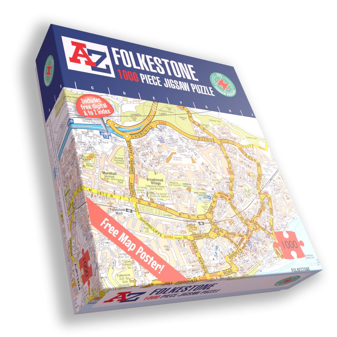 Great Britain A-Z Map of Folkestone 1000 Piece Jigsaw Puzzle – Exclusive Street Map – Includes Guide Print & City Index – Nostalgic Gift Mapping Fun for Adults — image 1