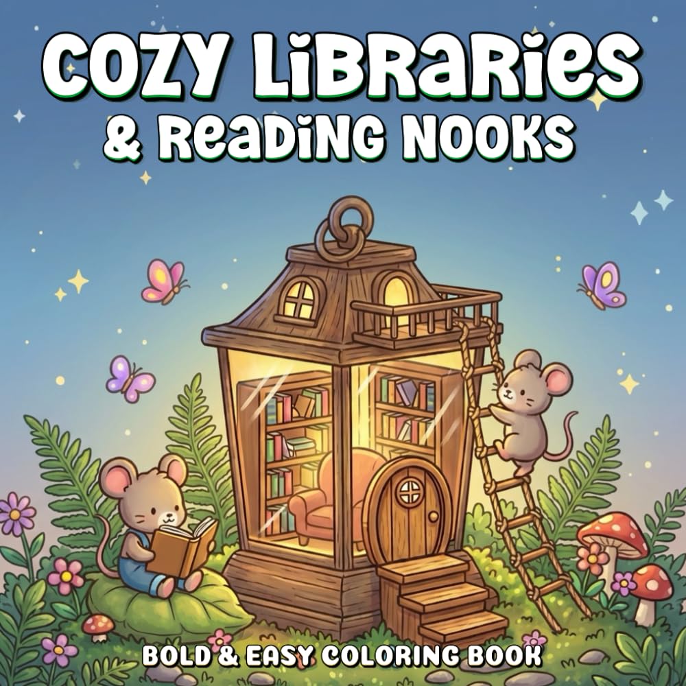 Cozy Libraries & Reading Spaces A Bold & Easy Coloring Book: A Gentle Journey Through Beautiful Places for Relaxation and Stress Relief (Cozy Worlds)