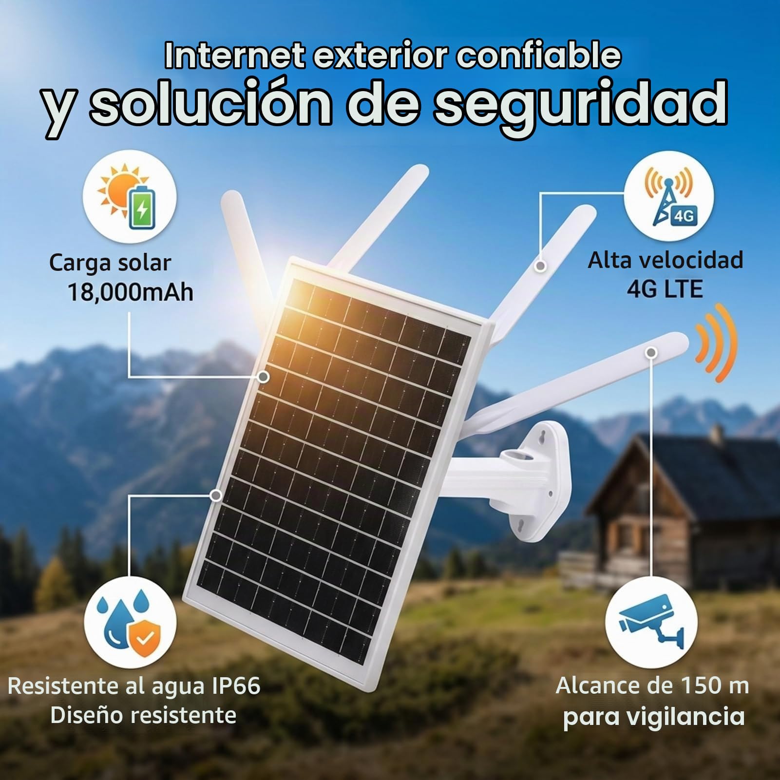Router 4G LTE Solar para Exterior, Extensor WiFi 6 Solar con Ranura para Tarjeta SIM, Batería de 18000mAh y Panel de 12W, Repetidor WiFi Solar Impermeable IP66 de Largo Alcance