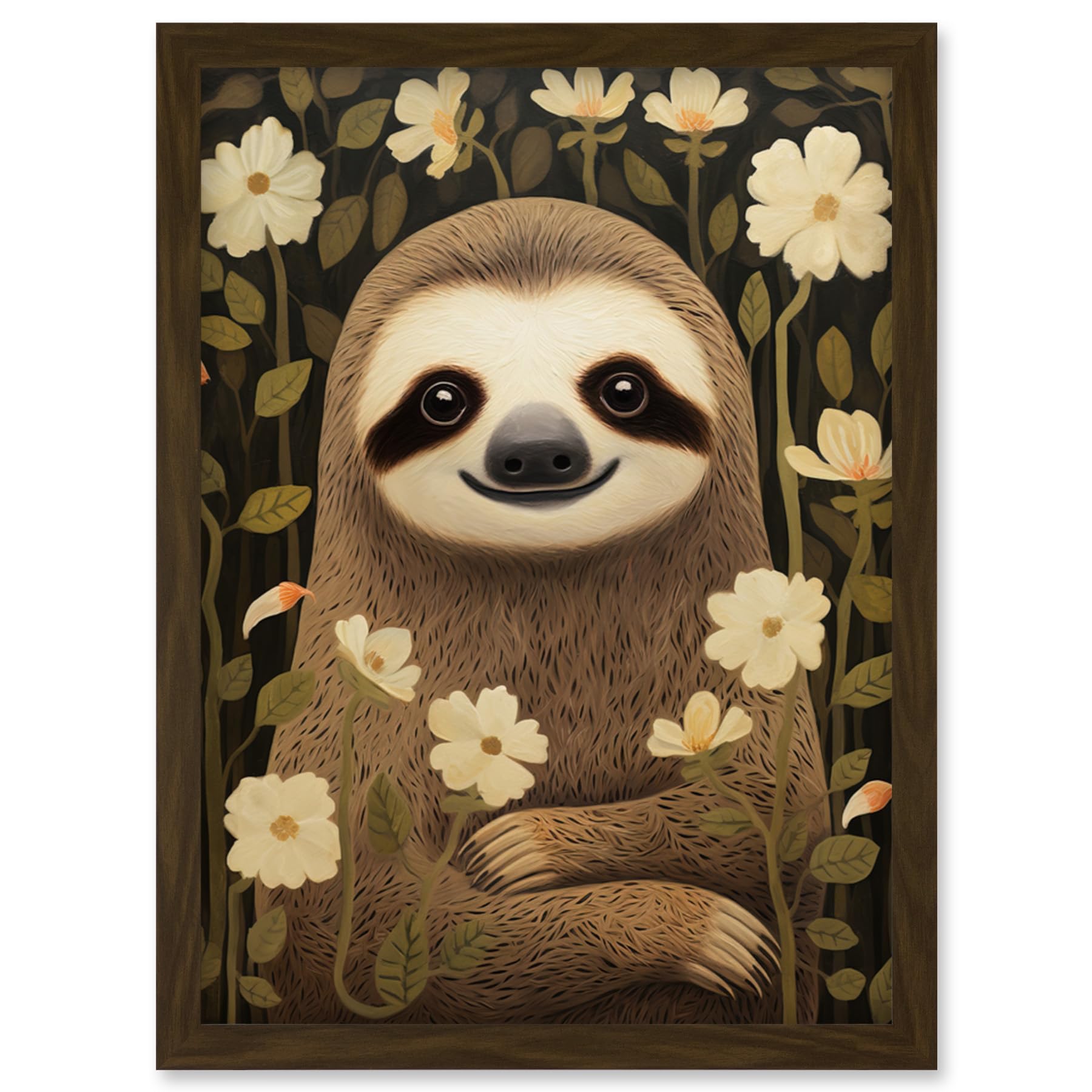 Artery8 Sloth with Jasmine and Anemone Flowers Elegant Artwork Framed Wall Art Print A4