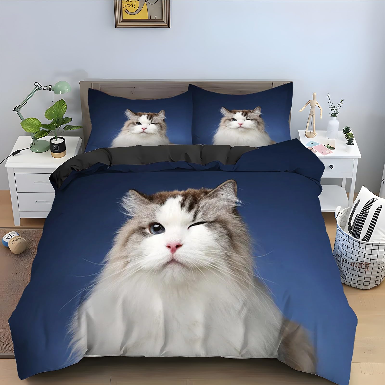 Parure de lit 3 pièces chat avec housse de couette 200x200 en microfibre imprimée animal