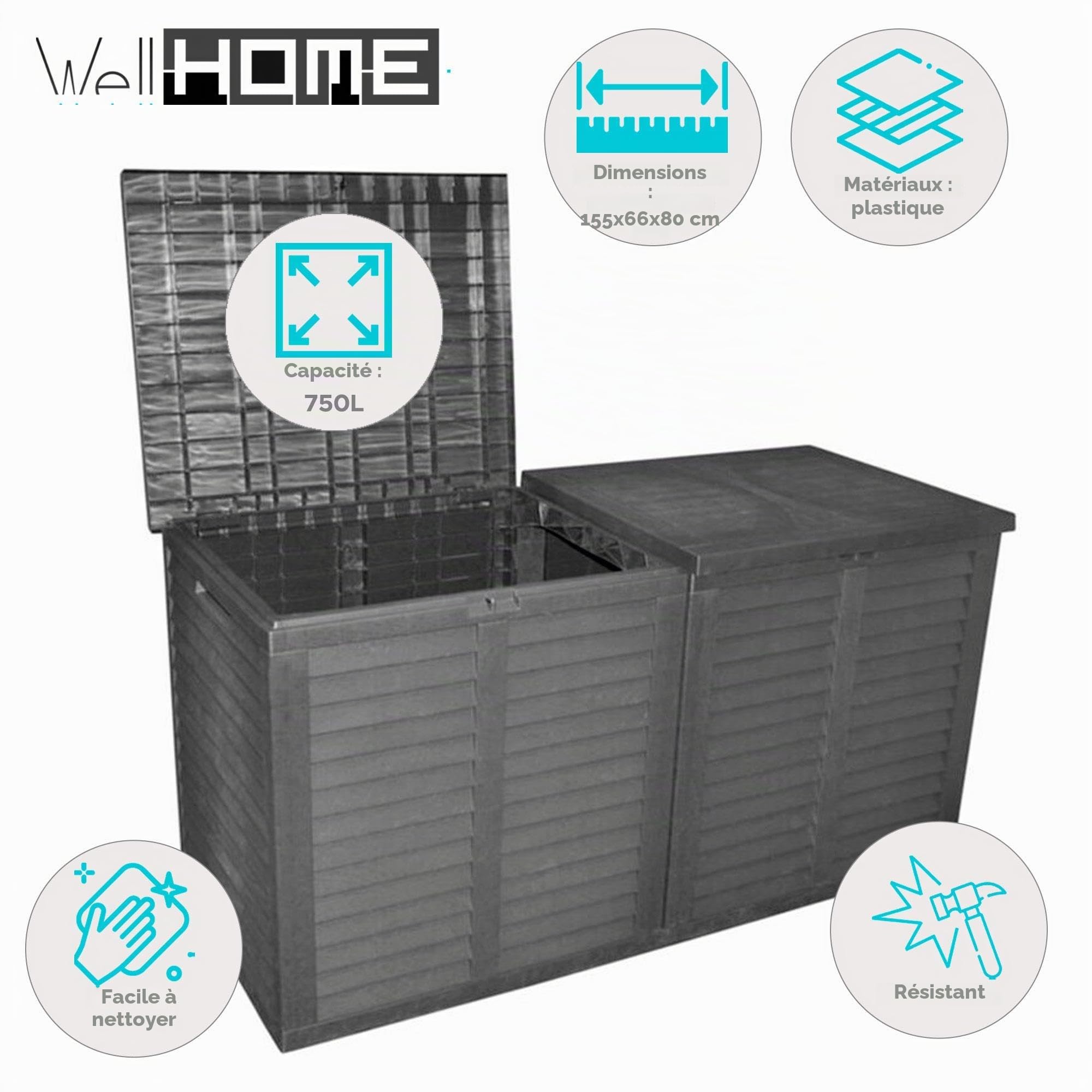 Well Home Coffre de rangement pour jardin XXL 750L - 155 x 66 x 80 cm