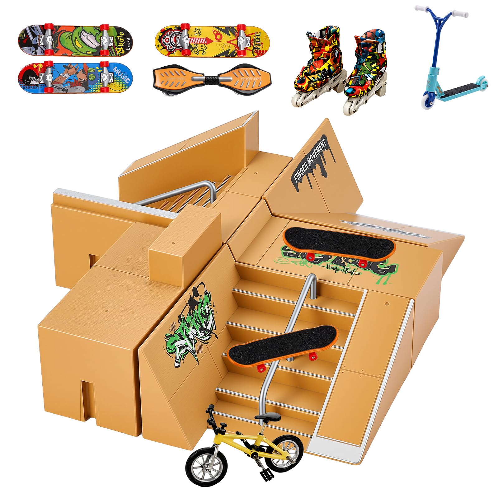 Finger Skateboards Ramp Set, DIY Assembled Mini Skatepark Ramp with Multiple Obstacles, Complete Fingerboard Kit with Finger Bicycle, Scooter & Roller Skates, Finger Skating Game for Kids Teens