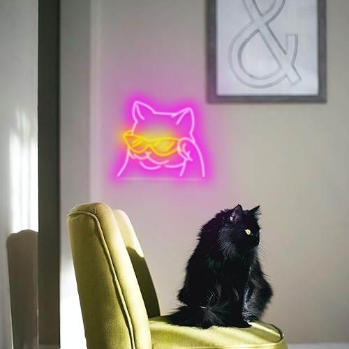 Miniatura 5 de Letrero de neón de gato genial para decoración de pared, gato sonriente con gafas, letrero de luz LED de neón alimentado por USB con interruptor
