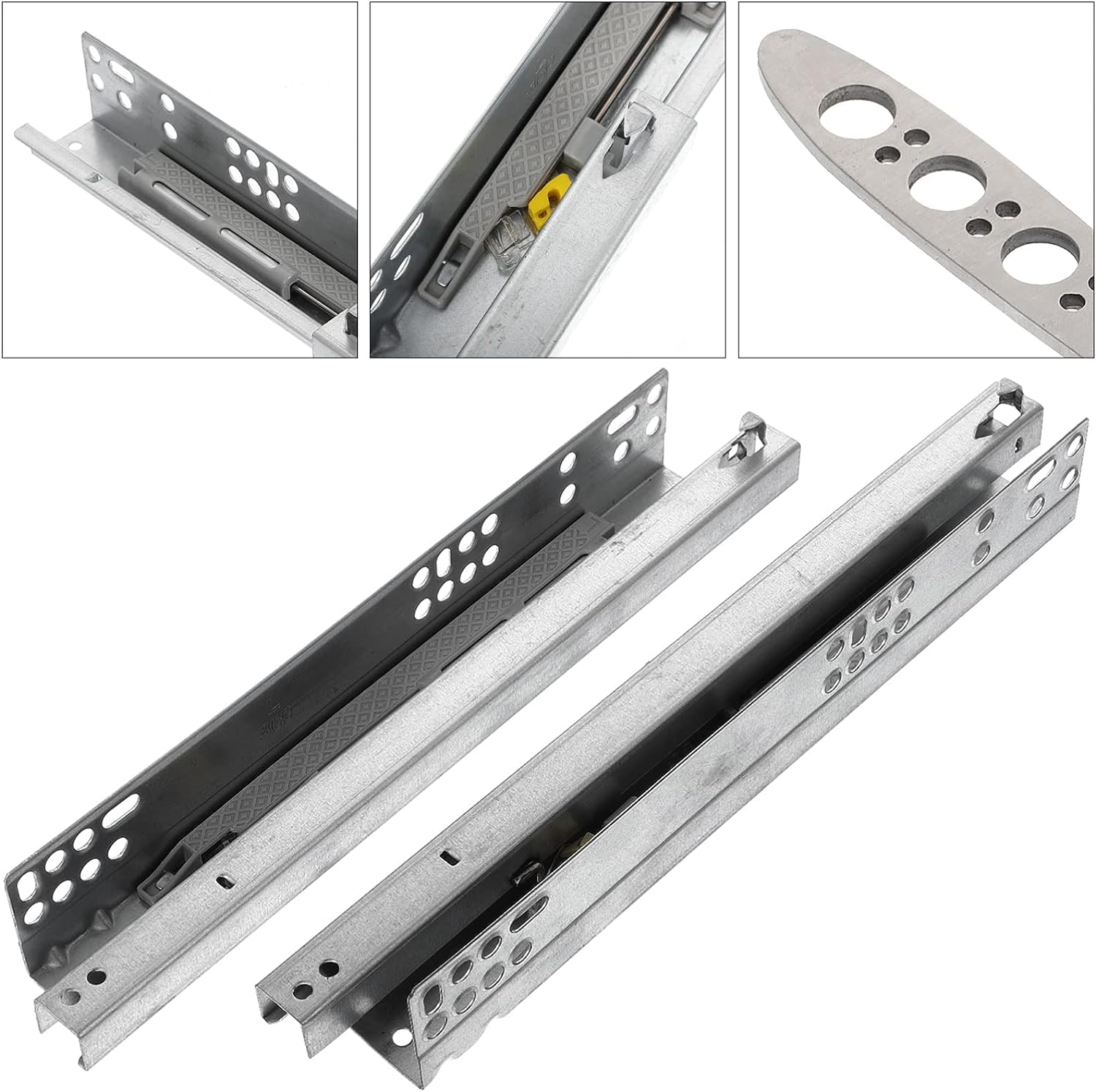 prowadnice do szuflad, 2 szt. Meble dwusekcyjne prowadnice szynowe Szyny kulkowe do montażu na szynie Suwak tłumiący(Silverx3pcs)