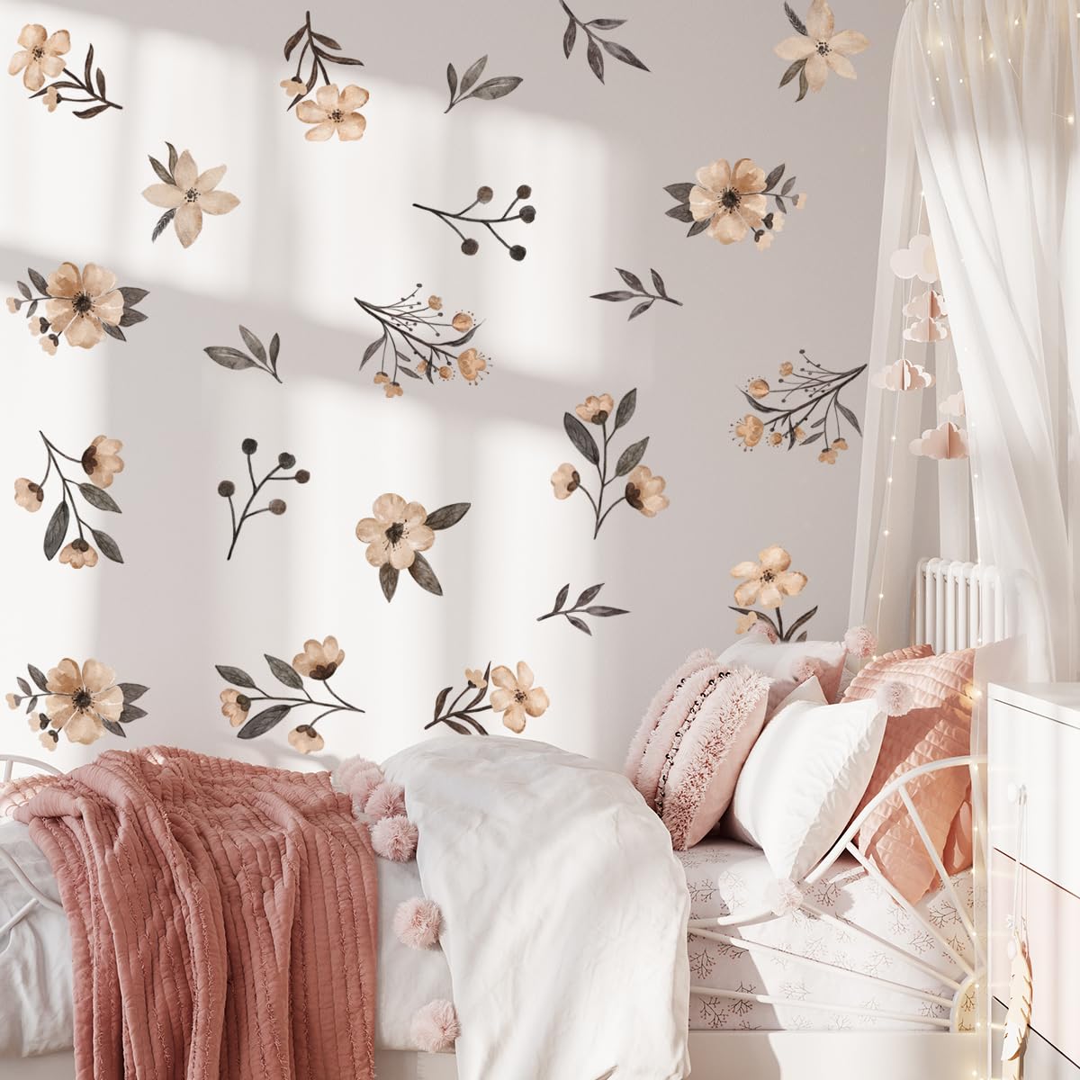 Boho Flower Wall Decals - Watercolor Wildflower Wall Art, Girls & Kids Room Decor