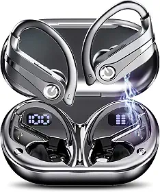 Fones de ouvido sem fio, Bluetooth 5.3, estéreo de alta fidelidade, tela LED, chamadas nítidas com microfone, cancelamento de ruído, controle por toque, IP7 à prova d'água, esportivo (preto)