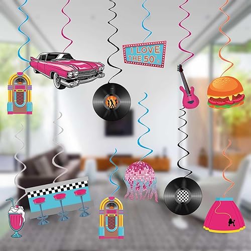 Miniatura 2 de Decoraciones para fiestas de los años 50, retro de los años 50, remolinos colgantes de música rock and roll, ensamblados y listos para usar,