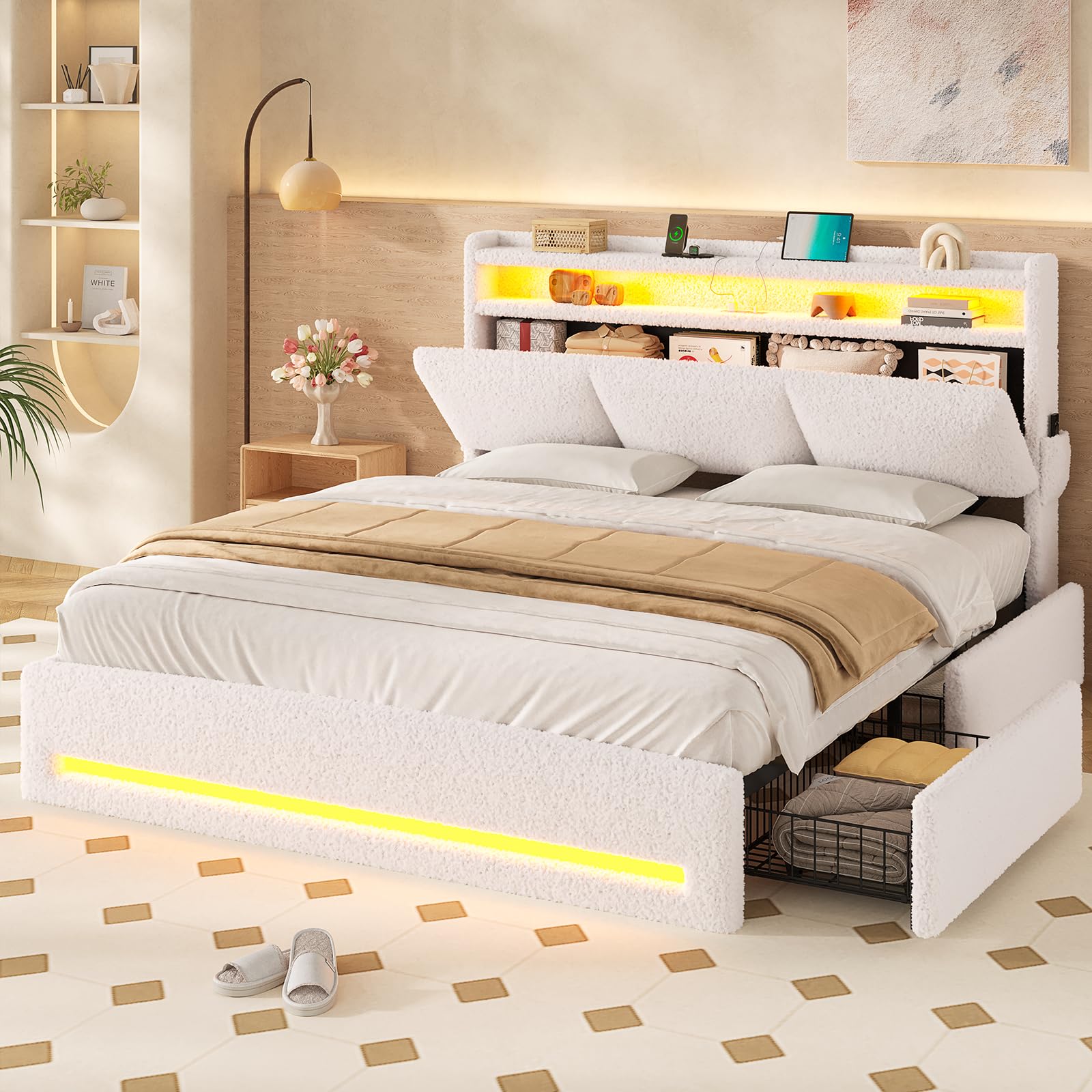 MSmask Boucle Bed Frame Queen Size, Upholstered Bed Frame with Storage Headboard and 4 Drawers, Soft Platform Bed with LED Lights and Charging Station