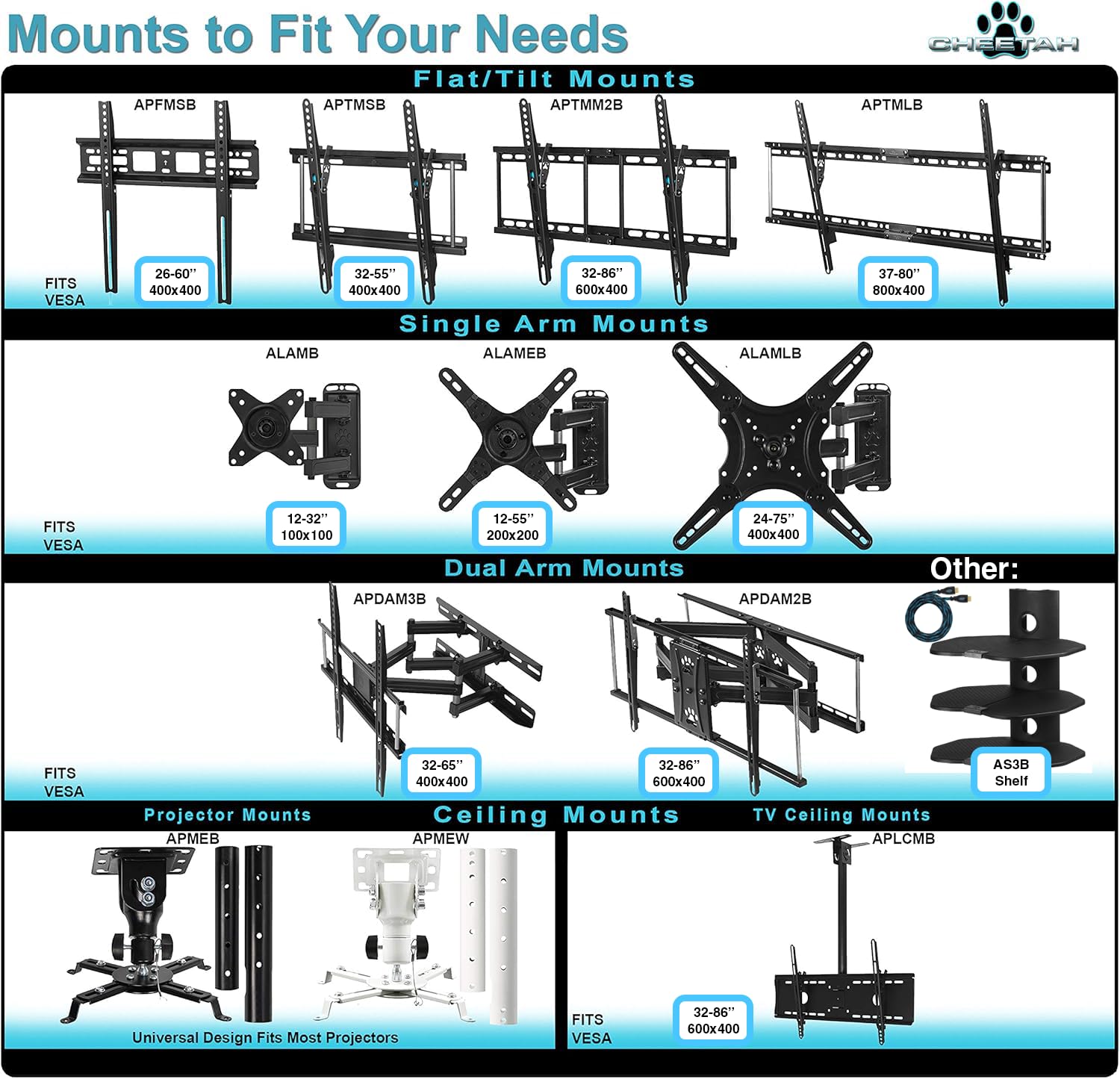 Cheetah Mounts APDAM3B Support Mural d'écran Plat 139,7 cm (55") Noir - Supports muraux d'écrans Plats (51,16 kg, 81,3 cm (32"), 139,7 cm (55"), 400 x 400 mm, 400 x 400 mm, Noir)
