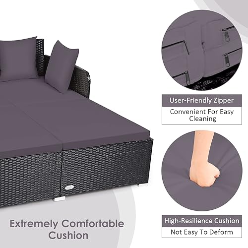 Miniatura 8 de COSTWAY Sofá cama de ratán para patio al aire libre, sofá biplaza acolchado de esponja con 4 almohadas, muebles de mimbre para balcón, patio (gris)