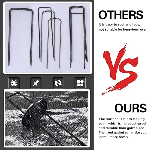 Miniatura 6 de 100 grapas negras para paisaje + 100 arandelas amortiguadoras, estacas de jardín de calibre 11 de 6 pulgadas, pasadores de césped galvanizados en