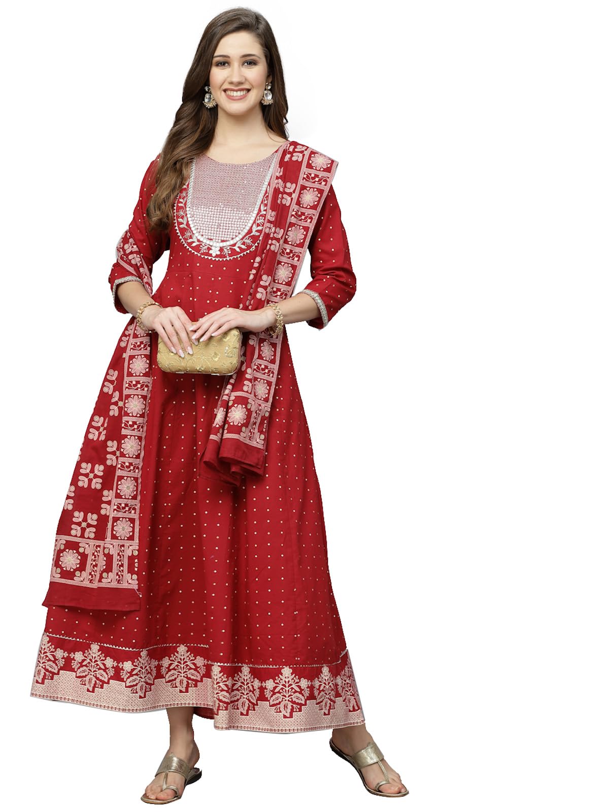 Stylum Women's Printed & Embroidered Cotton Anarkali Kurta With Dupatta (Kdtitanmaroon38_Maroon, M)