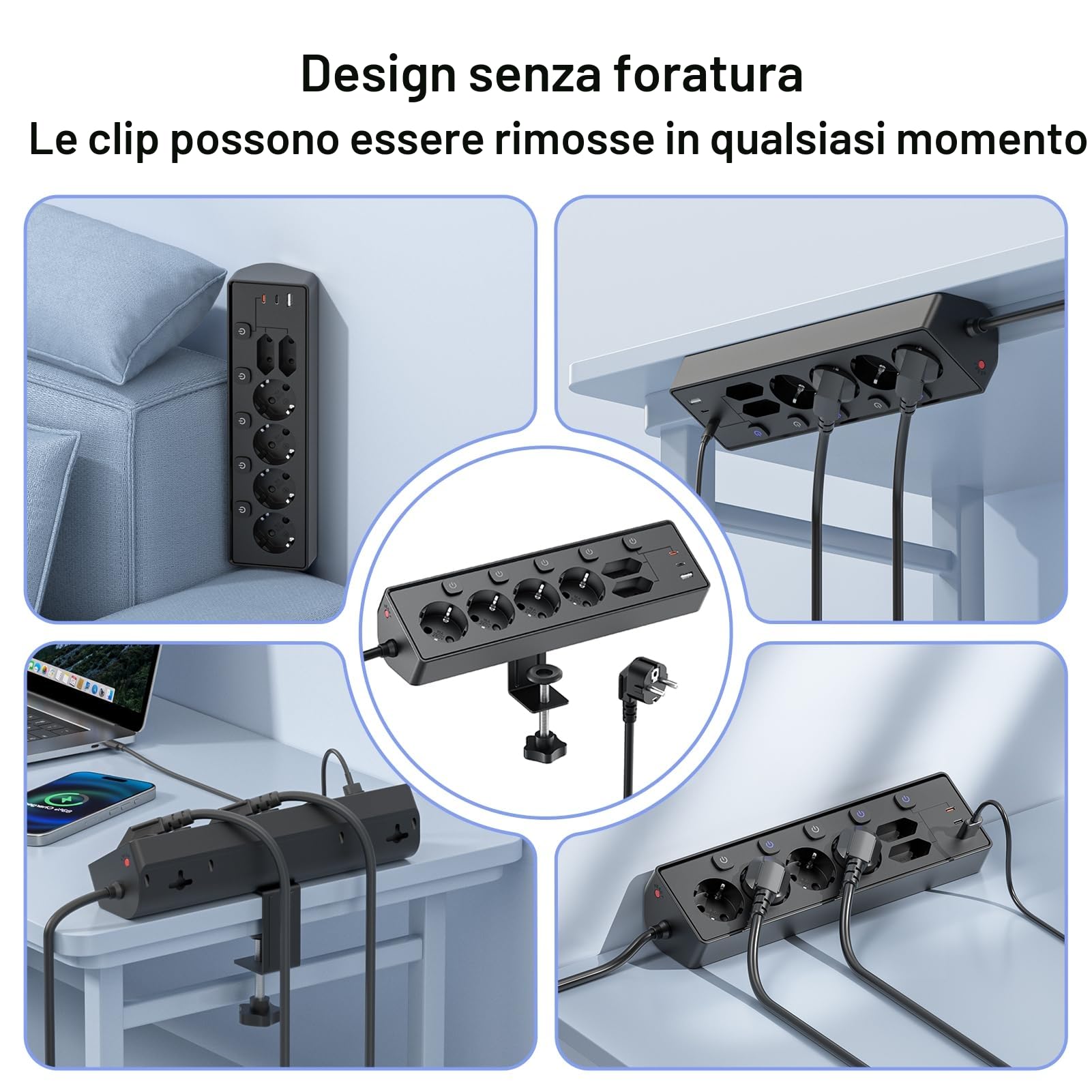 3M Ciabatta Multipresa con USB, 6 Prese di Corrente e 3 USB, PD 30W Ciabatta Elettrica with Surge Protection, Multipresa Elettrica di con Interruttore per Scrivania, Ufficio, Casa