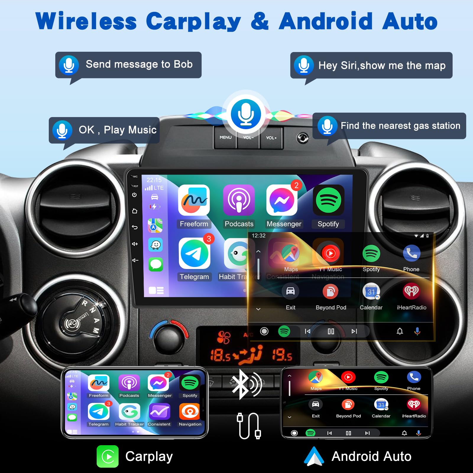 [2G+64G] Android Autoradio pour Citroën Berlingo 2015-2018/Peugeot Partner 2008-2019 avec sans Fil Carplay et Android Auto, Écran Tactile HD de 9 Pouces avec GPS/WiFi/Bluetooth/EQ/FM RDS