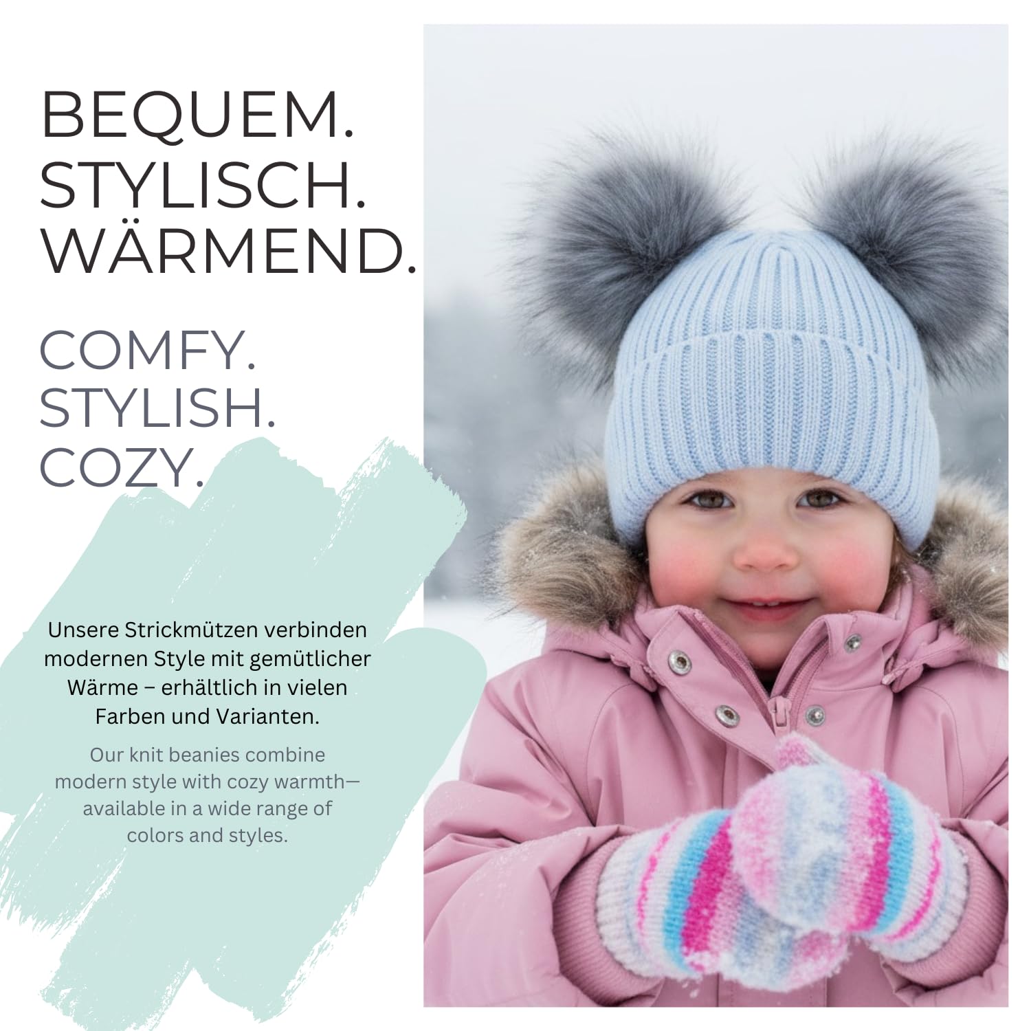 styleBREAKER Gorro de Punto para niños con 2 Pompones de Piel sintética y Forro Polar, Gorro de Invierno, Gorro de Punto, 2-5 años 04024203
