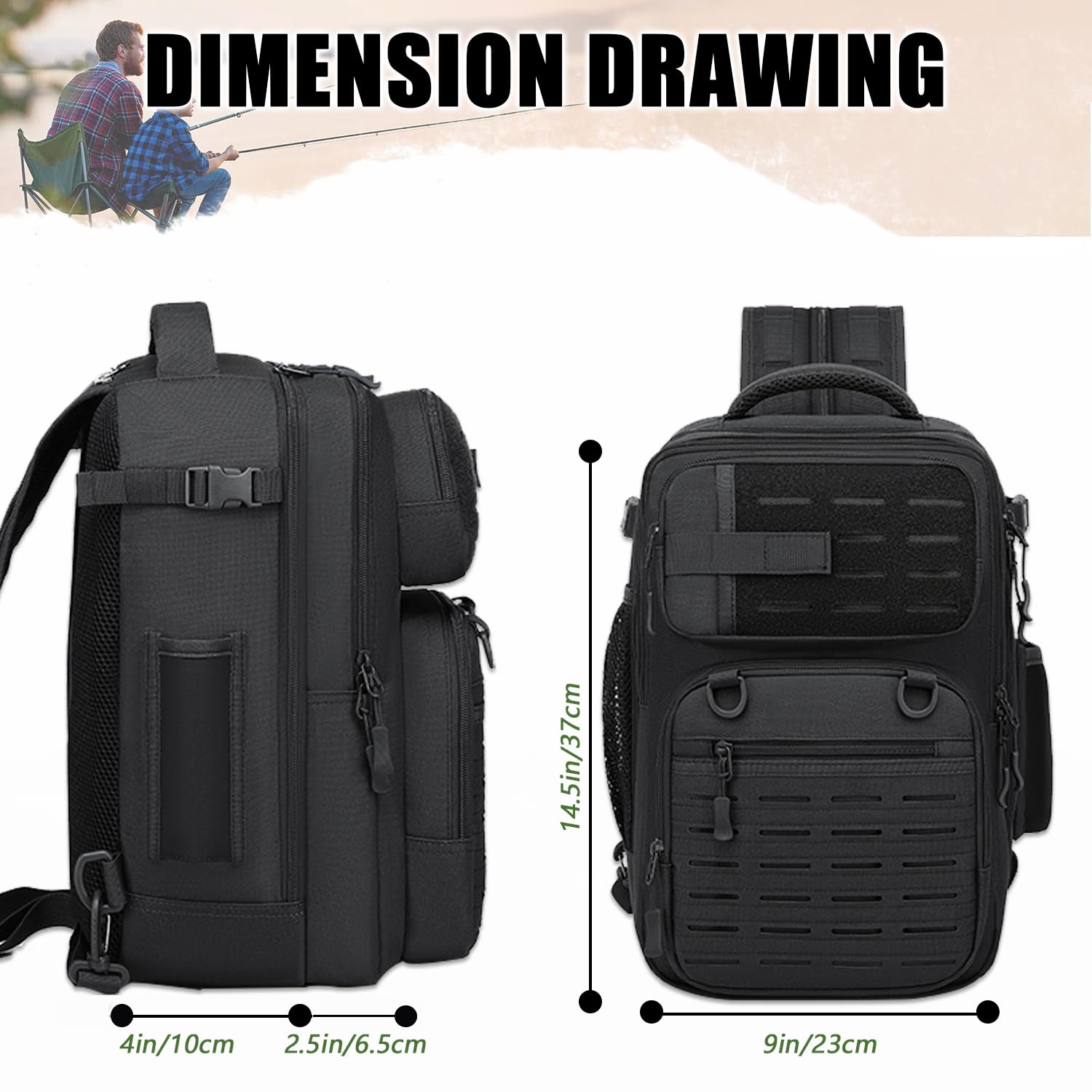 2 in 1 Angelrucksack mit Rutenhalter kleine Angeltasche 25L taktische Angeln Schultertasche militär Rucksack für Angeln Wandern (23x20x37cm)