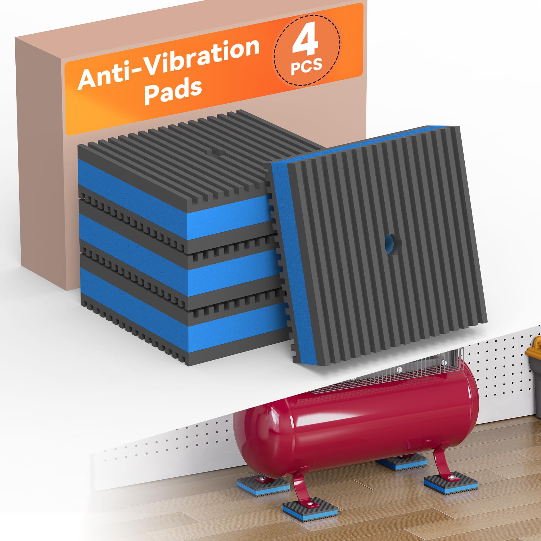 GCGOODS Rubber Anti-Vibration Pad, 4" x 4" x 7/8" Heavy Duty Ribbed Rubber with Blue EVA Center Isolation Pads for HVAC, Air Compressor, Treadmill, Washer and Dryer, Air Conditioner Units, Pack of 4