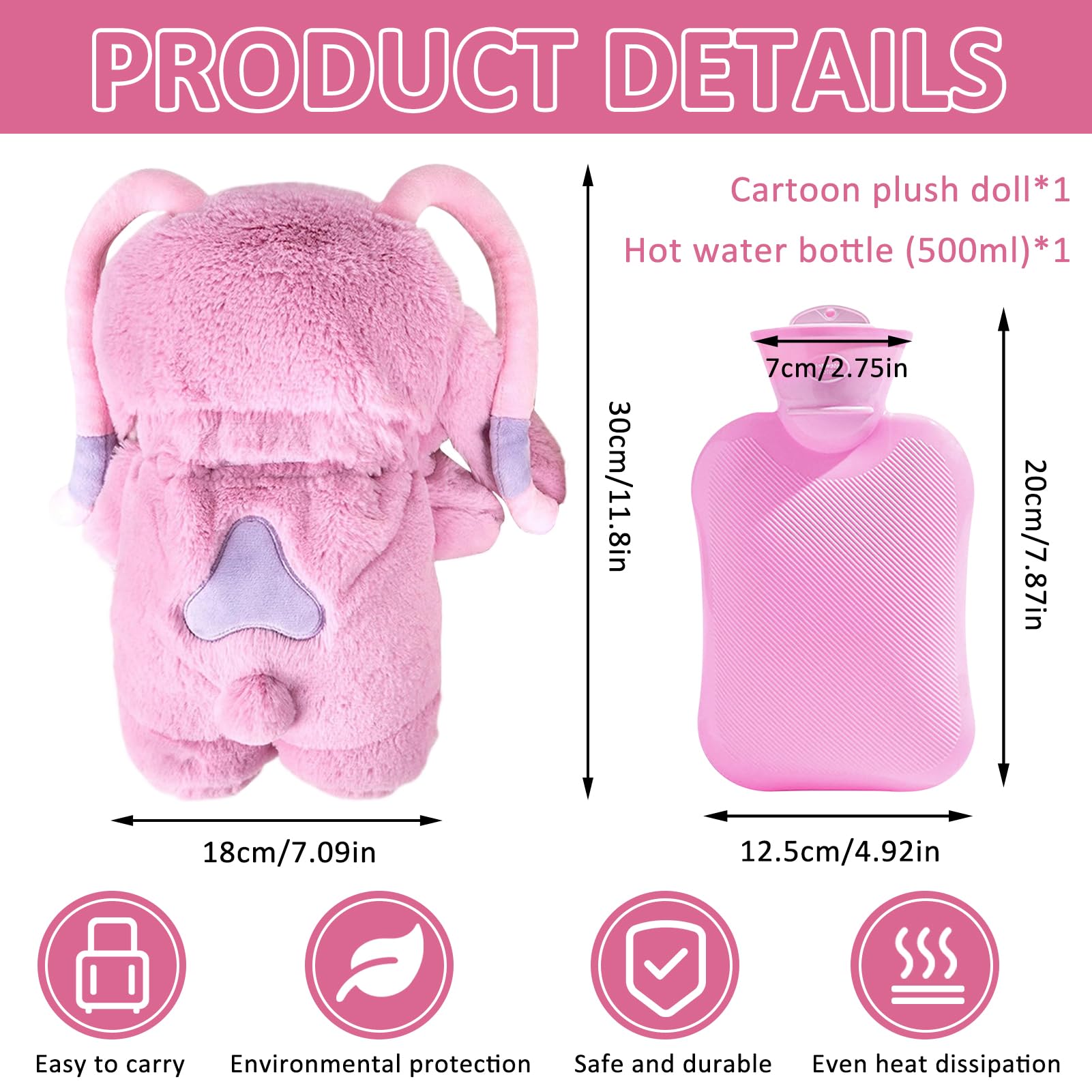 Borsa dell'Acqua Calda, Borsa Acqua Calda Peluche, Borsa Dell'acqua Calda Carina, Plush Bottiglia di Acqua Calda, Calda Rimovibile e Lavabile, Regalo per Bambini, Familiari e Amici (Rosa)