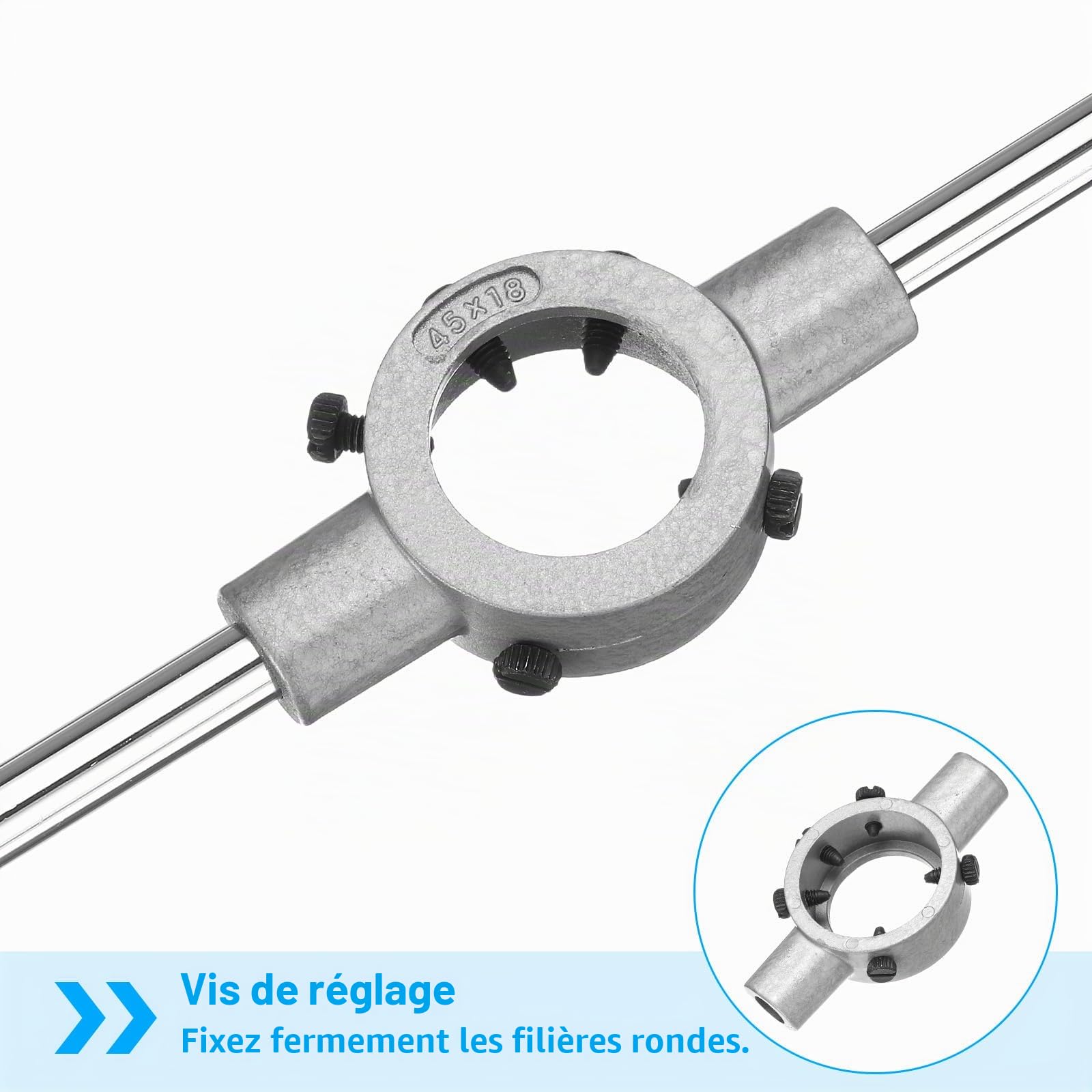QUARKZMAN 45mm x 18mm Porte-Filière Pour Filières Métriques M16-M20 / Filières Rondes de 45mm DE, Porte-Filière Réglable Outil à Main Pour Réparation de Filetages