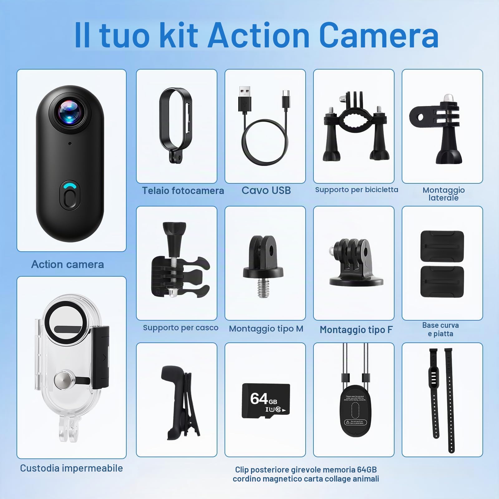 Action Cam, fotocamera impermeabile, 64 GB, mini bodycam per bicicletta, dash cam, WiFi, videocamera per il corpo, per casco e moto, fotocamera sportiva con magnete e morsetto a 360°, per