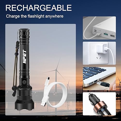 Miniatura 6 de NPET XHP70 Linterna LED recargable por USB, linterna táctica súper brillante de 2000 lúmenes, linterna zoomable para camping, senderismo, hogar, al