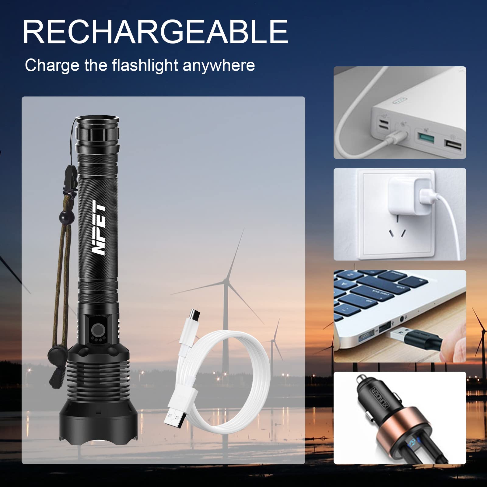 NPET XHP70 Linterna LED recargable por USB, linterna táctica súper brillante de 2000 lúmenes, linterna con zoom para camping, senderismo, hogar, exteriores y emergencias, impermeable y resistente a