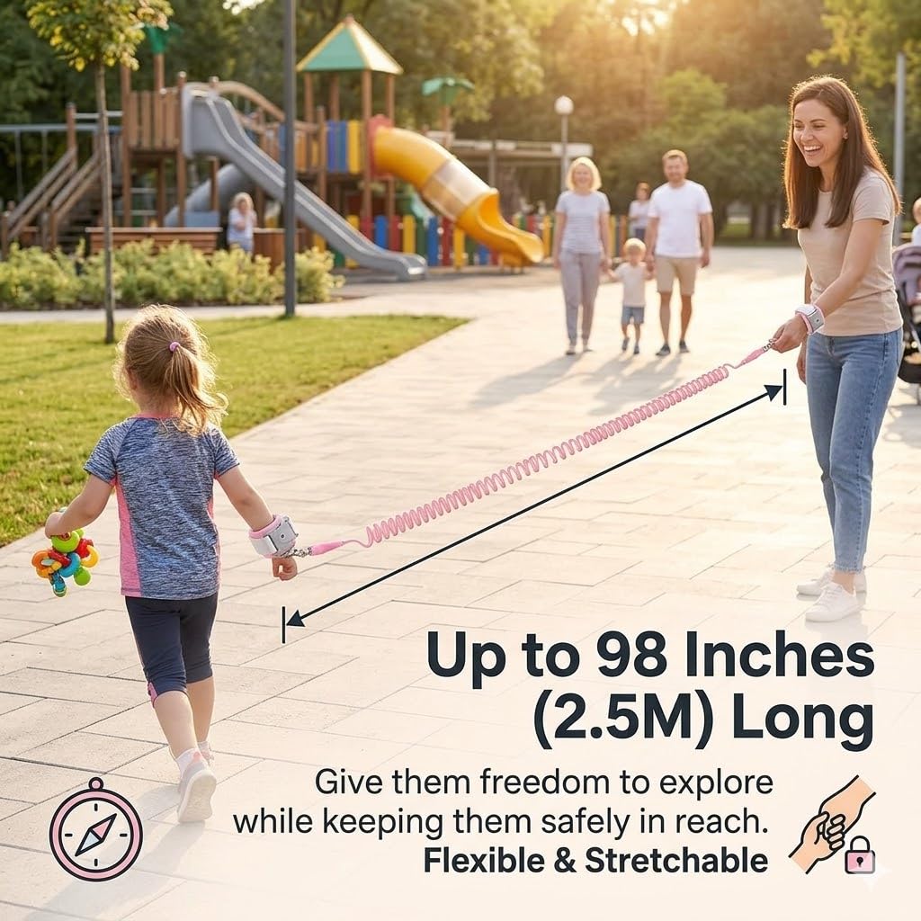 98 inch Retractable Toddler Anti-Lost Wrist Link, Upgraded Safety Leash with Steel Wire, Breathable Padded Wristband for Kids, Child Harness for Walking, Shopping, Travel, Outdoor Activities-Pink — view 2