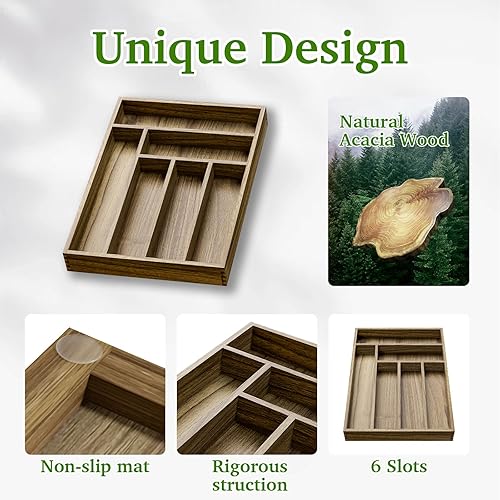 Miniatura 5 de Organizador de cajones de madera de acacia, organizador de cajones de cubiertos de cocina con divisores, organizador de cubiertos, soporte para