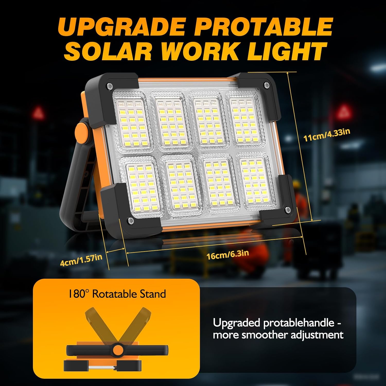 120W Solar Rechargeable Work Light, 144 LED 10000LM Led Work Light with 4 Modes, Portable Flood Light with Stand, IP66 Waterproof Outdoor Working Light for Emergency Mechanic Camping Repair (Yellow) - Image 8