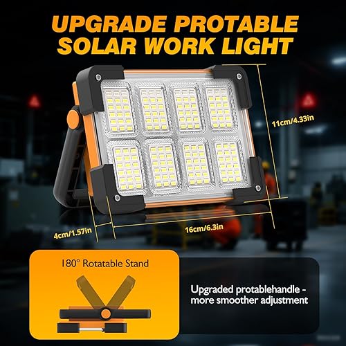 Miniatura 8 de Luz de trabajo solar recargable de 120 W, 144 LED 10000LM luz de trabajo LED con 4 modos, luz de inundación portátil con soporte, luz de trabajo al