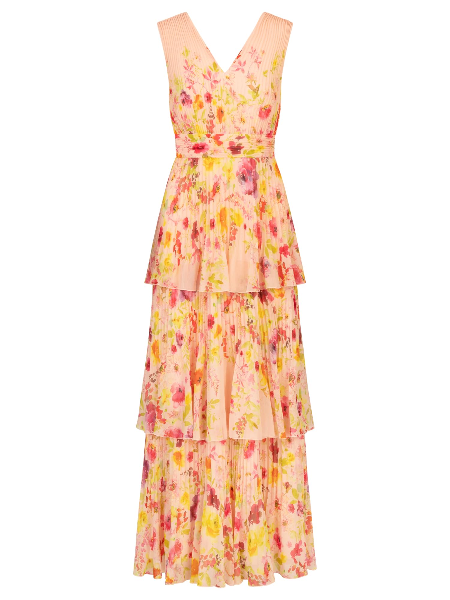 APART Fashion Damen Plissee Abendkleid, Blumenmuster, Tiefer V-Ausschnitt, Ärmelloses Sommerpartykleid, Langer Stufenrock, Elegantes Maxikleid, perfekt für Hochzeiten und besondere Anlässe