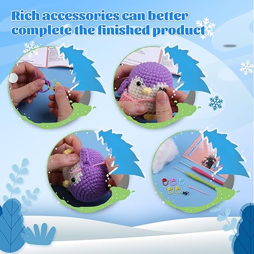 Miniatura 4 de UOOU Paquete de 2 kits de ganchillo, kit de ganchillo de pingüino para principiantes con hilo fácil, tutoriales en video paso a paso, kit completo