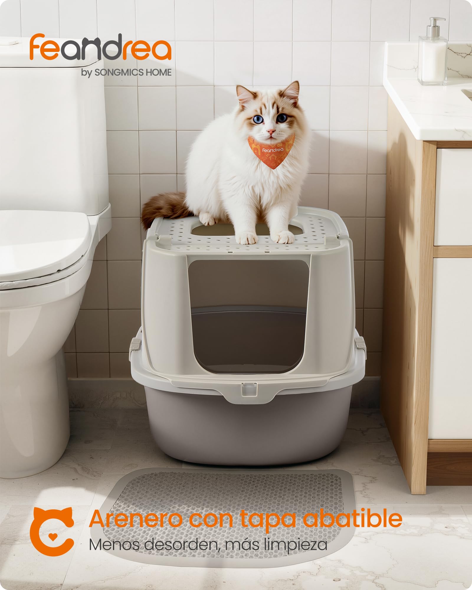 Feandrea Arenero para Gatos XXL, Caja de Arena con Tapa, Paleta y Cepillo, para Gatos de hasta 15 kg, Color Avena y Gris Cálido PPT011LH01