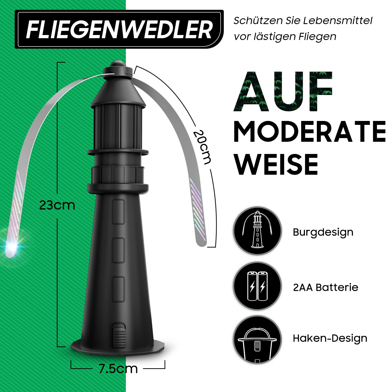 Fliegenwedler, Fliegenabwehr Tischventilator mit holografischen Flügeln,Aufhängbar für Innen & Außen, Insektenschutz für Camping, Garten & Terrasse（Ohne Batterien） 2 Pack
