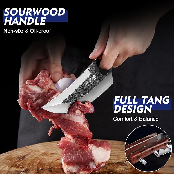 Topfeel 3PCS Butcher Knife Set, Hand Forged Serbian Chef Knives & Meat Cleaver & Viking Knives, Meat Cutting Kitchen Knife Set for Home, Outdoor Cooking, Camping BBQ Gift Idea Men - 4