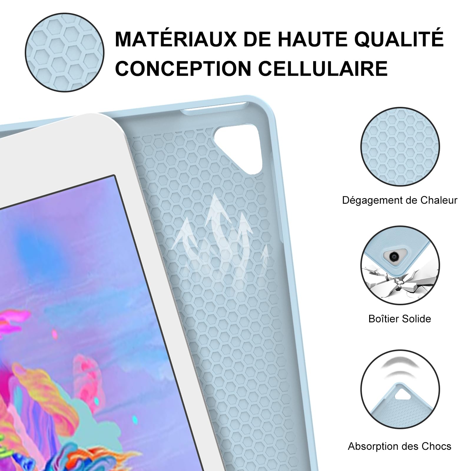 Coque Clavier pour iPad 6e/5e Génération 9.7 Pouces, AZERTY Français Housse Clavier Bluetooth Magnétique Détachable avec Porte Crayon pour iPad 2018/2017 9.7", Air 2/1, Pro 9.7 2016, Bleu Ciel
