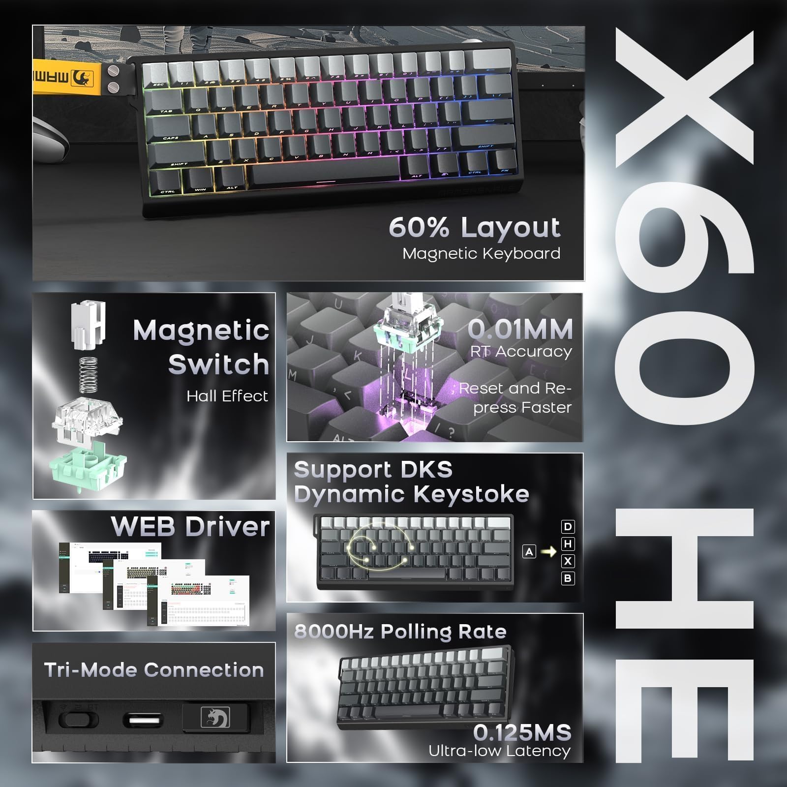 ATTACK SHARK x MAMBASNAKE X11 Souris avec X60HE Clavier Gaming Magnétique, Combo Clavier et Souris Sans Fil, BT/2.4G/USB-C, Déclenchement Rapide, 8000 Polling Rate, 22000 DPI,Souris Ultra-Légère– Noir