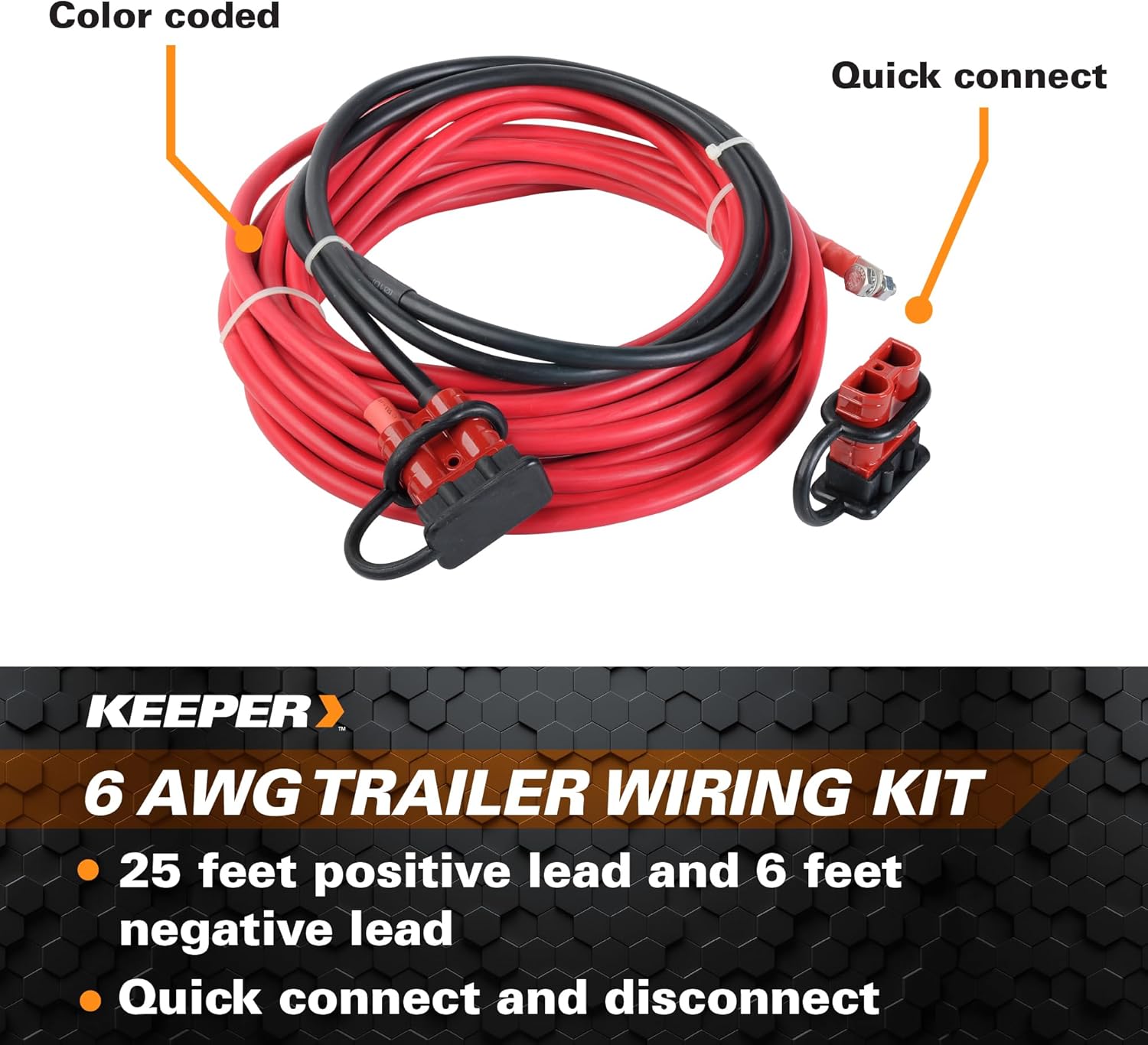 Keeper - 6 AWG Trailer Wiring Kit - 25’ and 6’ with Quick Connect for KT and KU Winches